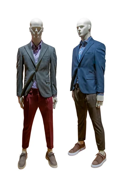 Zwei Voller Länge Männliche Schaufensterpuppen Tragen Modische Kleidung Isoliert Auf — Stockfoto