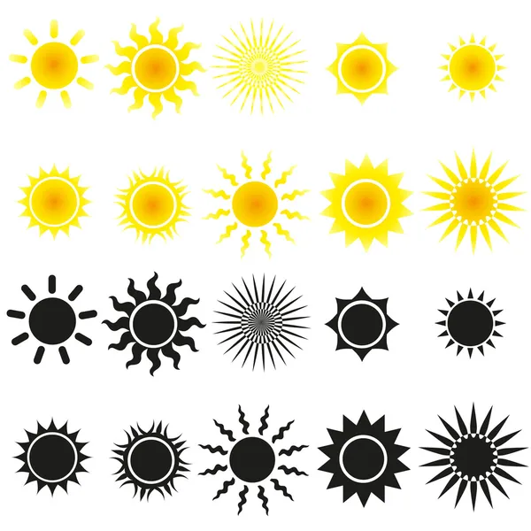 Набор векторов солнца в желтом и черном цвете — стоковый вектор