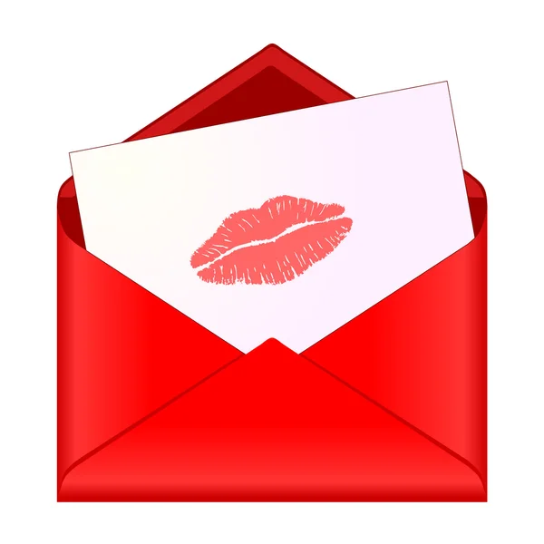 Open red envelope with lipstick kiss on letter — Stock Vector