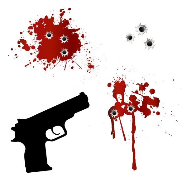 Gun with bullet holes and blood — Stock Vector