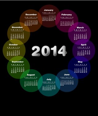 2014 için renkli bir takvim. hafta Pazar günü - da availab başlar.