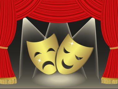 Theatrical masks on red cutains background clipart
