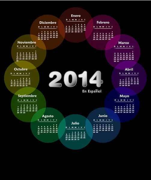 Farbenfroher Kalender für 2014 auf Spanisch. Woche beginnt am Sonntag — Stockvektor