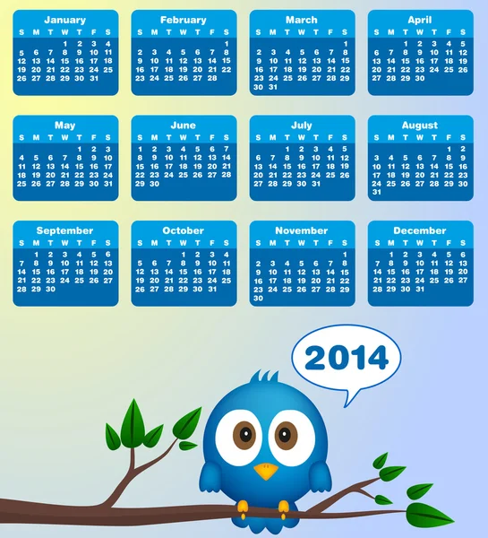Calendrier 2014 avec oiseau bleu drôle — Image vectorielle