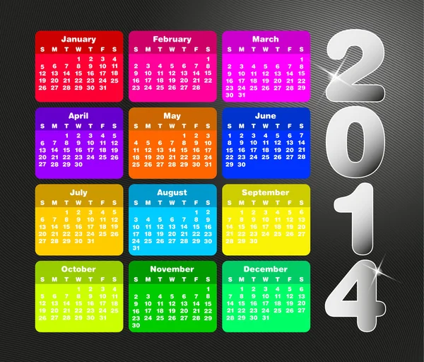 Calendário colorido para 2014. Semana começa no domingo — Vetor de Stock