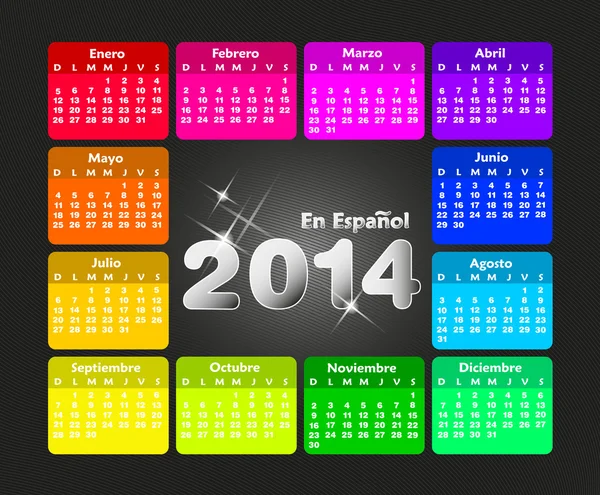 Calendário colorido para 2014 em espanhol. Semana começa no domingo — Vetor de Stock