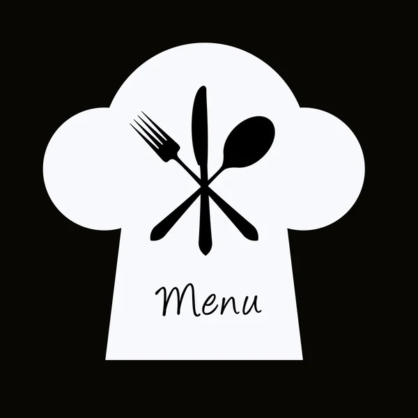 Sombrero de chef con tenedor, cuchillo y cuchara - concepto de menú — Vector de stock
