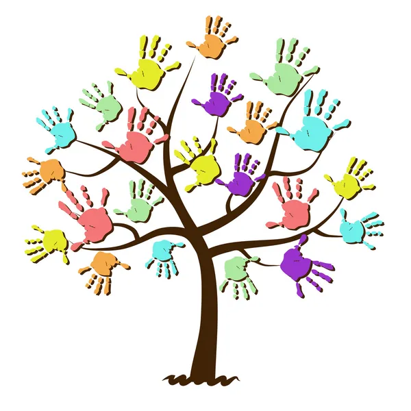 Children's hand prints united in tree — Stock Illustration Children's hand prints united in tree Stock Vector