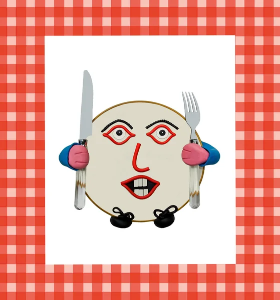 Plate on a tablecloth, character very very hungry — Stock Photo, Image