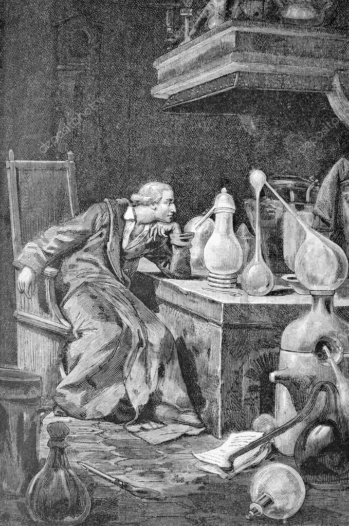 Ученый в своей лаборатории, бывший, гравюра XIX века — Стоковое фото