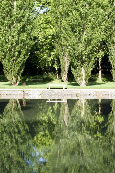 Spiegelbild der Einsamkeit. isolierte Bank in einem Park — Stockfoto