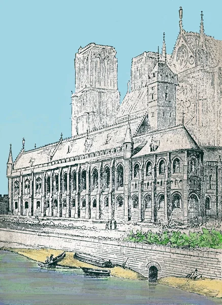 Notre Dame in the 13th century. (Paris France). Modern watercolor illustration from a 19th century — Stock Photo, Image