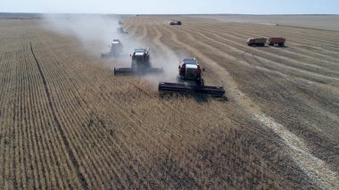Combine harvesters harvest bread in the Karaganda region in Kazakhstan
