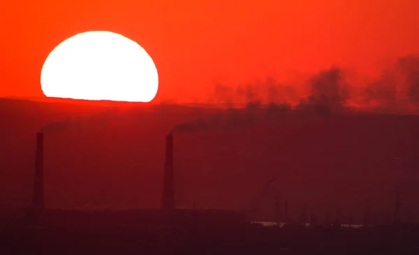 Sun Sets Sunset Background Pipes Thermal Power Plant — Stock Fotó