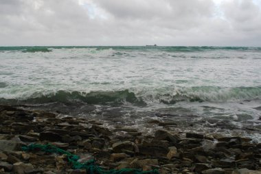 Deniz dalgaları dalgalarını üzerinde kırık yeşil çelme uzanan kıyı kahverengi kayalar üzerinde yuvarlıyor.