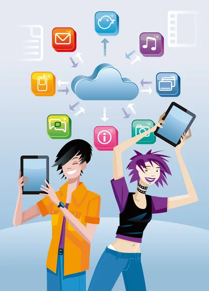 Les adolescents et les tablettes numériques — Image vectorielle
