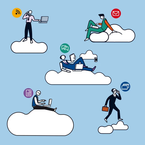 Cloud Computing Hombres siluetas de color — Vector de stock