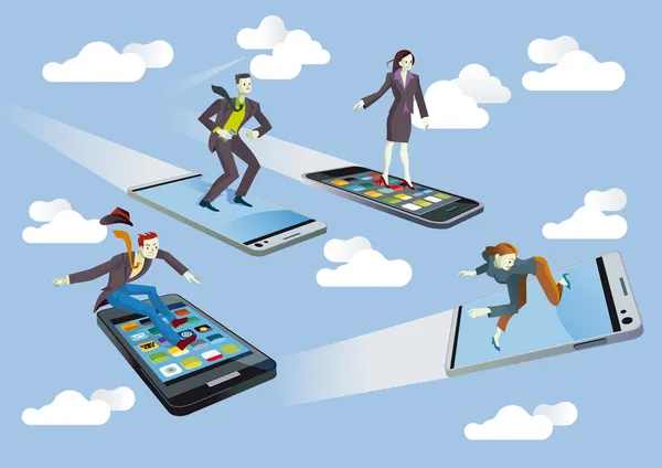 Negocios con smartphones Flying — Vector de stock