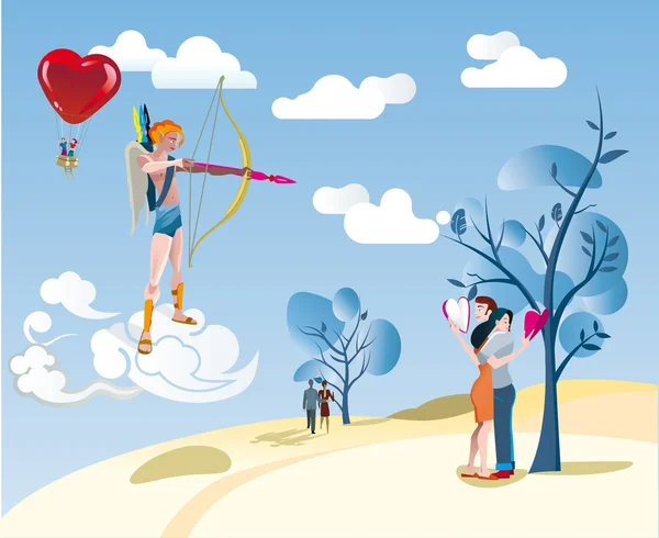 Cupido y una pareja amante — Vector de stock