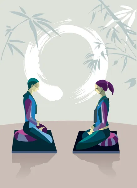 Hombre y mujer meditando con Enso — Vector de stock