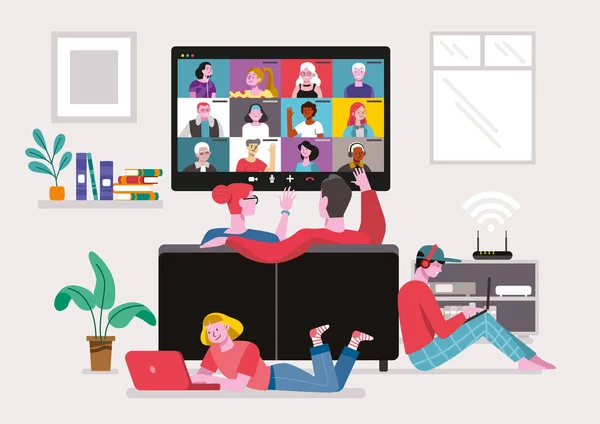 家庭夫妇坐在客厅沙发上 在网上有一个视频通话的背景图 孩子们周围都是手机和电脑 — 图库矢量图片