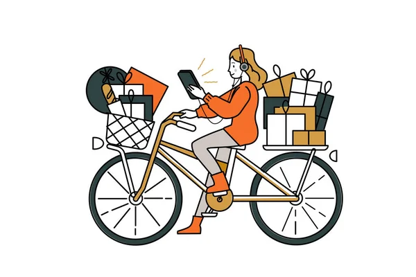 女孩骑自行车带着礼物 她手里拿着一部装有导航系统的手机 用于定位和听音乐 — 图库矢量图片