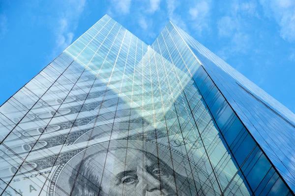 Office building with hundred dollar bills — Stock Photo, Image