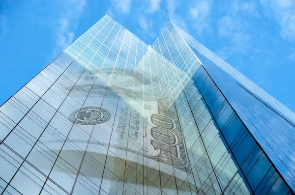 Office building with hundred dollar bill — Stock Photo, Image