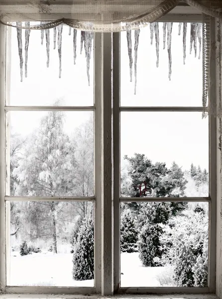 Zimowy krajobraz oglądany przez okno — Zdjęcie stockowe