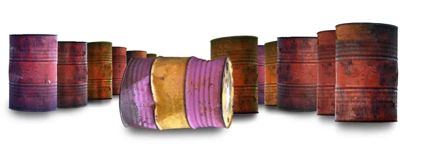 Gran grupo de viejos barriles de petróleo oxidado — Foto de Stock