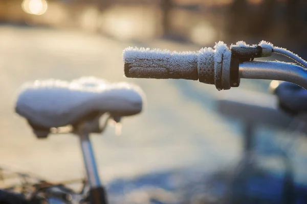 Bicycle Handle Frost Cold Sunny Winter Day — Stock Photo, Image