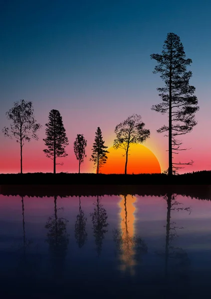 Ontwerp Met Silhouetten Van Bomen Bij Veelkleurige Zonsopgang Weerspiegeld Meer — Stockfoto