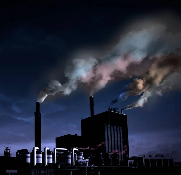 在漆黑的天空中 工厂从烟囱冒出浓重的多色烟雾 — 图库照片
