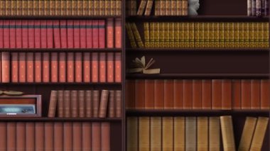 Zooming and panning in on chosen book from vintage book case, magically pulled out