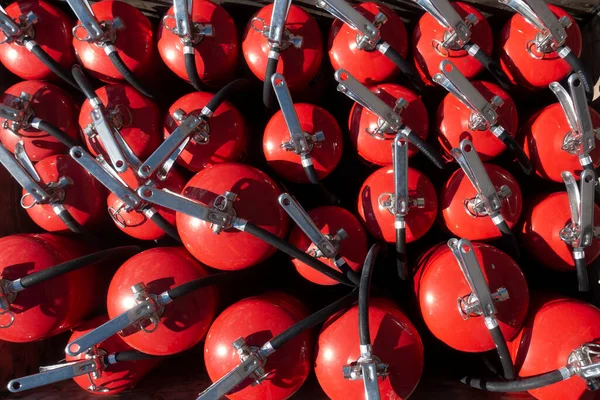 High Angle View Bunch Red Fire Extinguishers — Stock Photo, Image