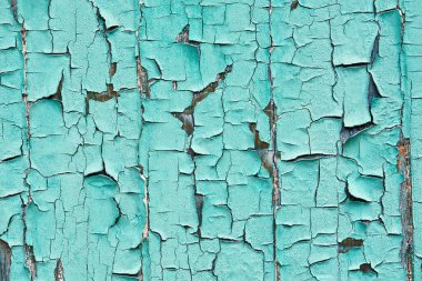 Ahşap bir yüzeyde eski soyulan turkuaz boya, yaratıcı bir arka plan..