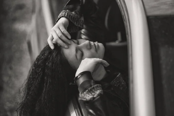 Black White Shot Lady Lying Open Car Window Closed Eyes Stock Picture