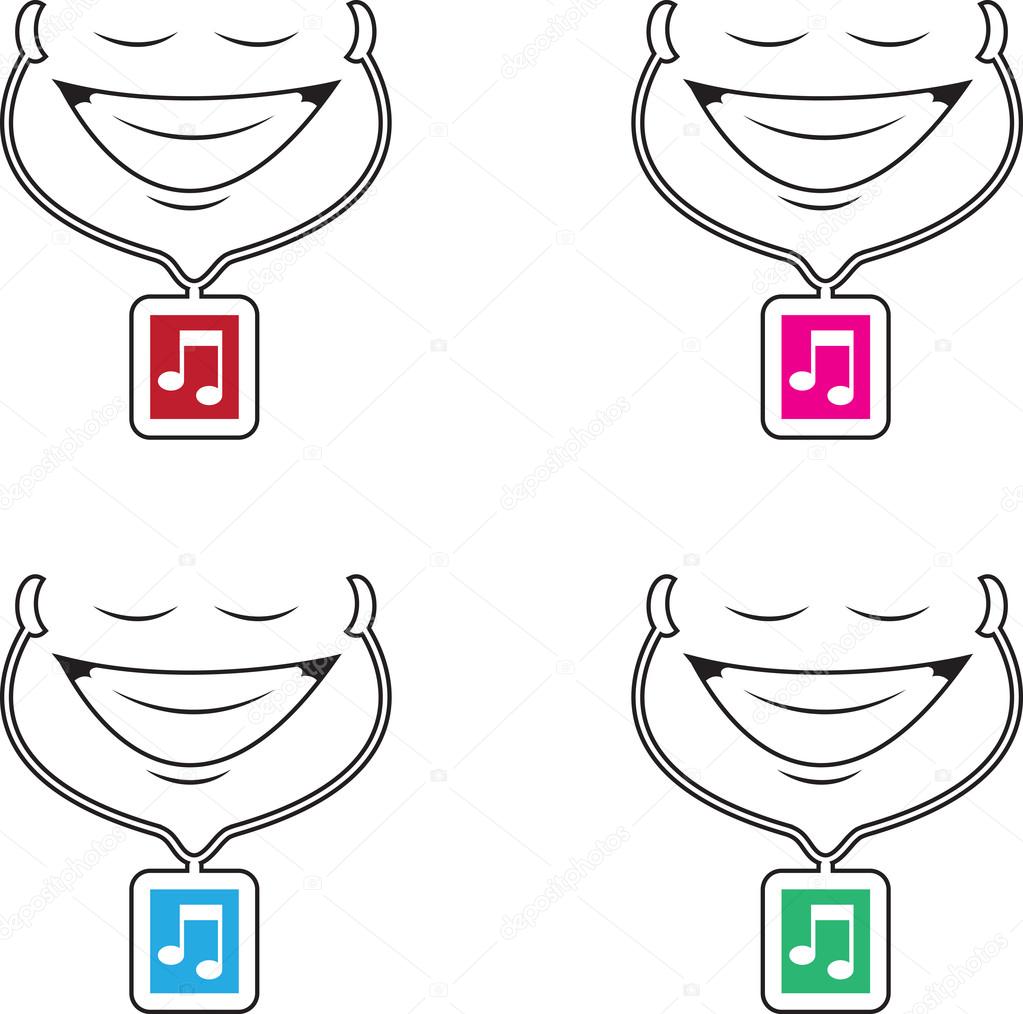 Cartoon face enjoying music from earbuds in various colors