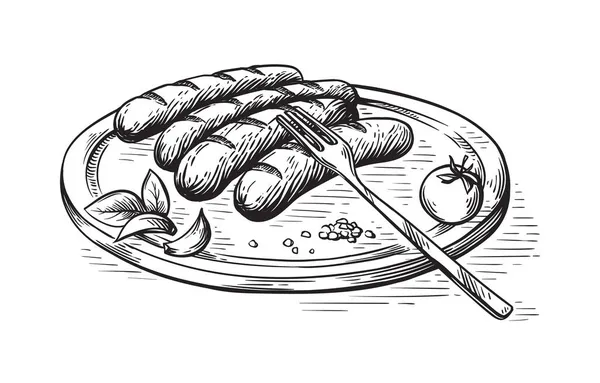 Three sausages are on a tray with a fork sketch — Stock Vector