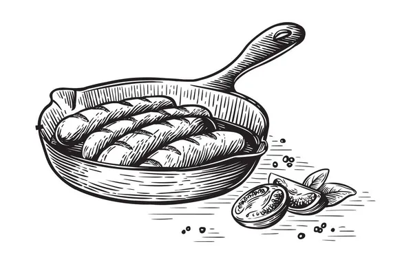 油炸香肠放在煎锅里 — 图库矢量图片