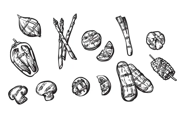 Barbecue Gemüse Grill Set Skizze auf weißem Hintergrund — Stockvektor