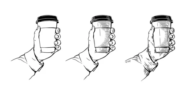 Ręka trzyma papierowy kubek z kawą. grawerowanie ręczne — Wektor stockowy