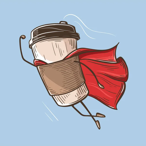 纸杯咖啡超级英雄与雨衣。手绘刻字 — 图库矢量图片