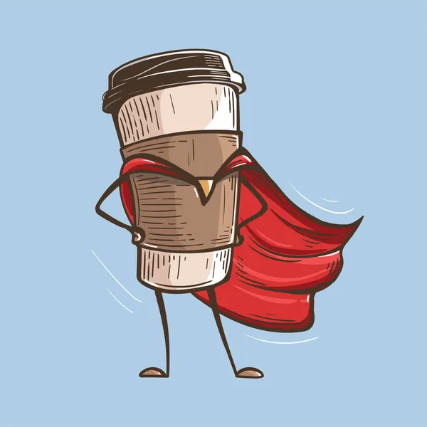 纸杯咖啡超级英雄与雨衣。手绘刻字 — 图库矢量图片