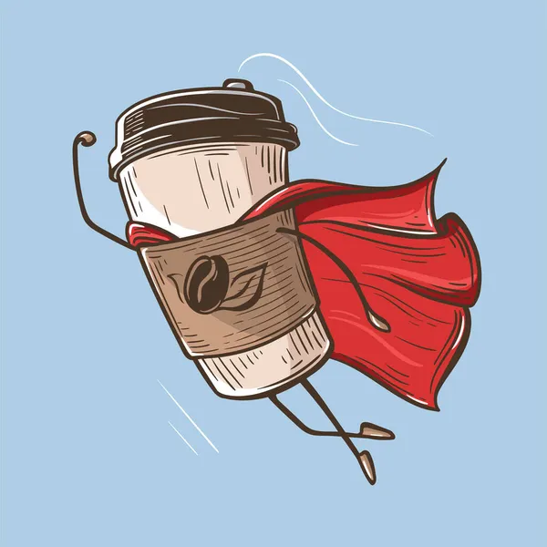 Паперова чашка з супергероєм кави з платтям. гравюра ручного малювання — стоковий вектор