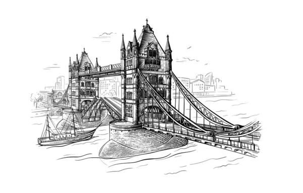 Puente de la torre con un barco flotante grabado a mano — Archivo Imágenes Vectoriales
