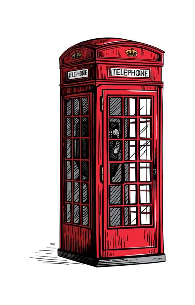 Cabina telefonica londinese incisione disegnata a mano retrò britannico — Vettoriale Stock