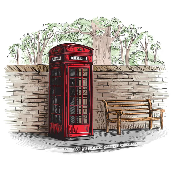 Cabine téléphonique londonienne à un mur de briques avec un croquis de banc — Image vectorielle