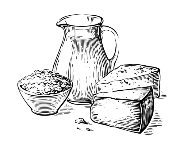 Cruche de lait avec fromage cottage et un morceau de croquis au fromage — Image vectorielle