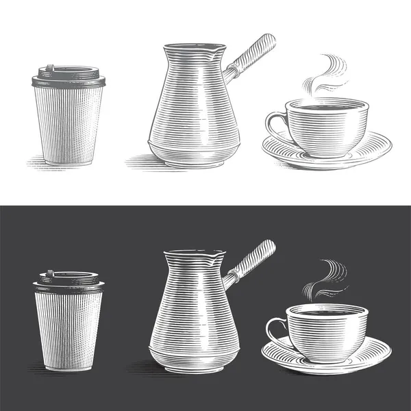 Tasse en papier, cezve et tasse en céramique Dessin à la main esquisse gravure style illustration — Image vectorielle